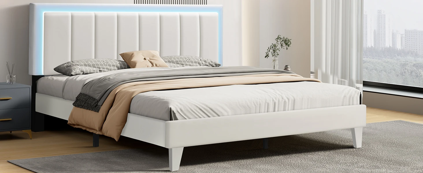 Bed Frame with LED Lights, Upholstered Faux Leather Bed with Adjustable Headboard