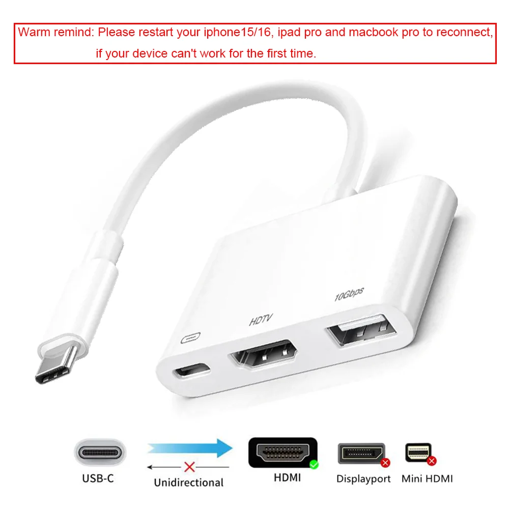 3-in-1 USB C to HDMI 어댑터 (충전 포트 포함), USB-A OTG 10Gbps 타입 C 디지털 AV 4K 컨버터 (아이폰 17, 16, 갤럭시 S25 호환)
