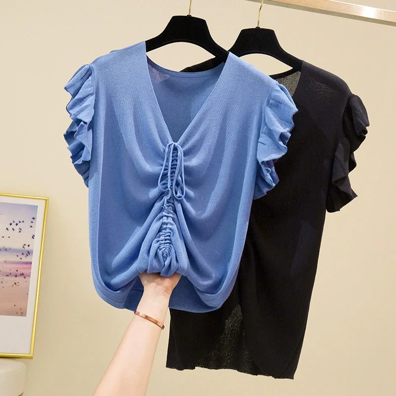 

Oversized Knit Sweater Pullover Women 2023 Summer Short Sleeve Sexy Ruffle Ice Silk Tops Solid Elegant Fashion Knitwear Jumpe