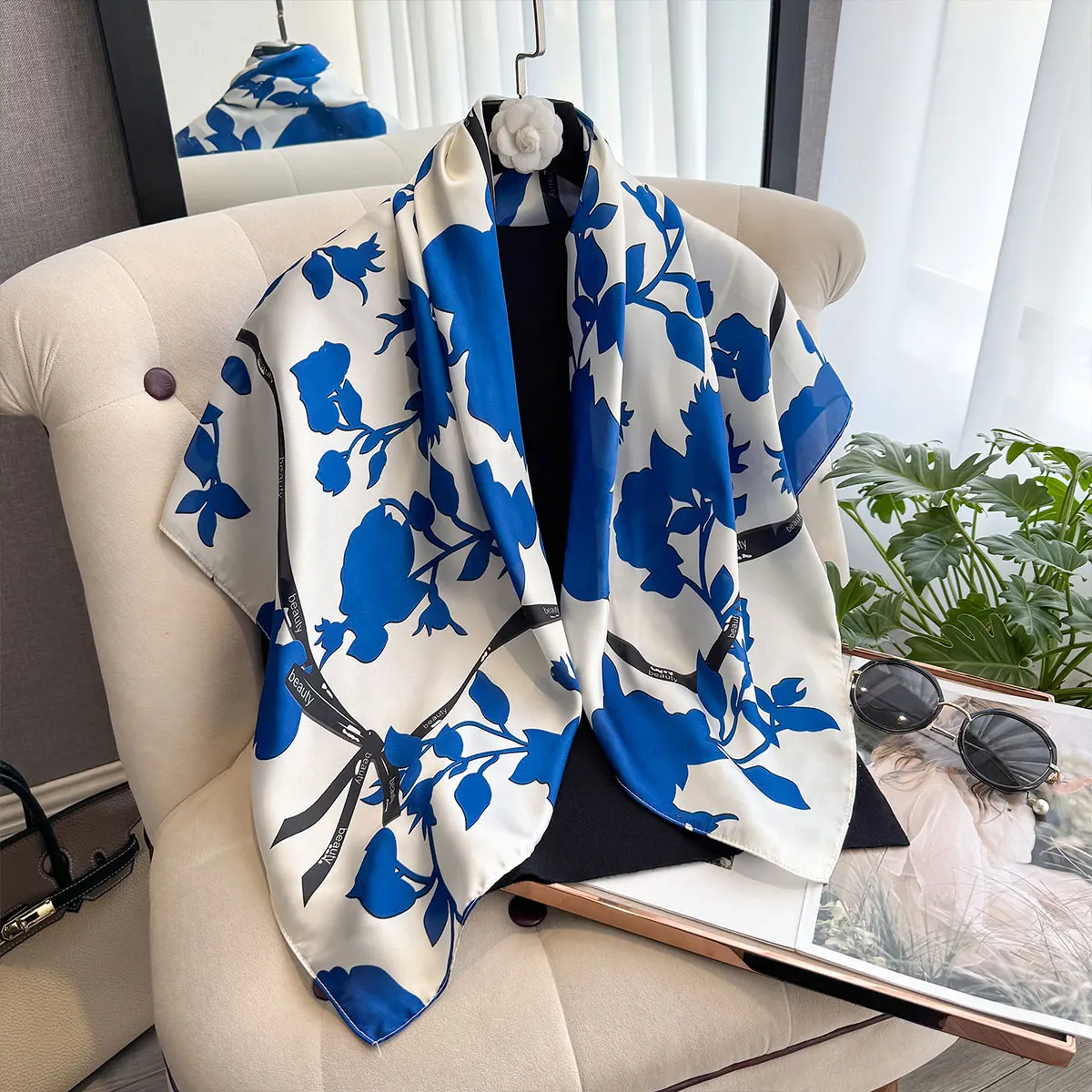 NEW Twill Silk Headband Hijab Square Scarf Print 90CM Warm Beach Stoles Shawl Wraps Female Hair Band Bag Wrist Bandana Foulard