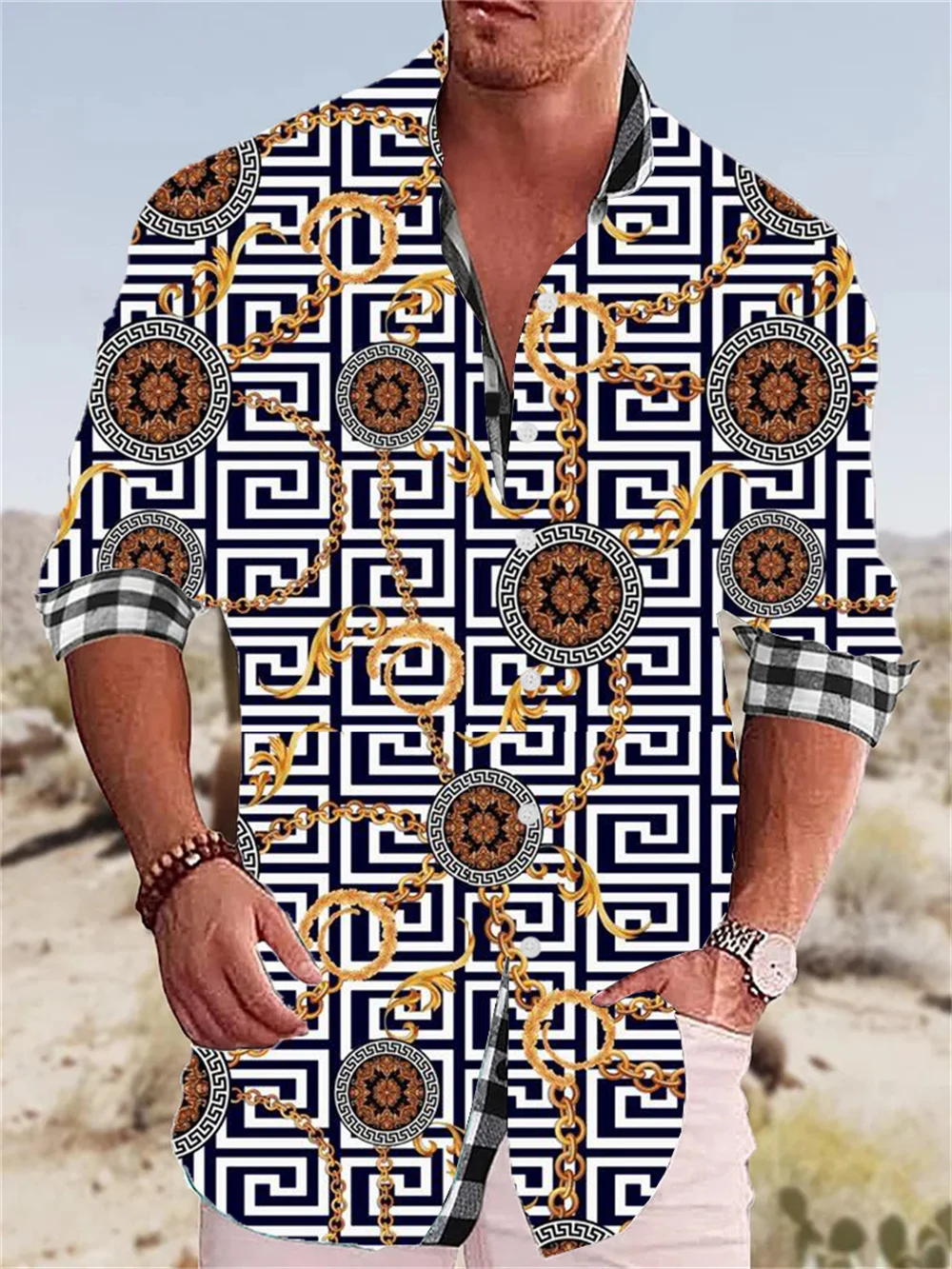 

Spring/Summer Men's Line Printing Shirt Casual Fashion Trend High Quality Soft and Comfortable Fabric Polo Neck Shirt Plus Size