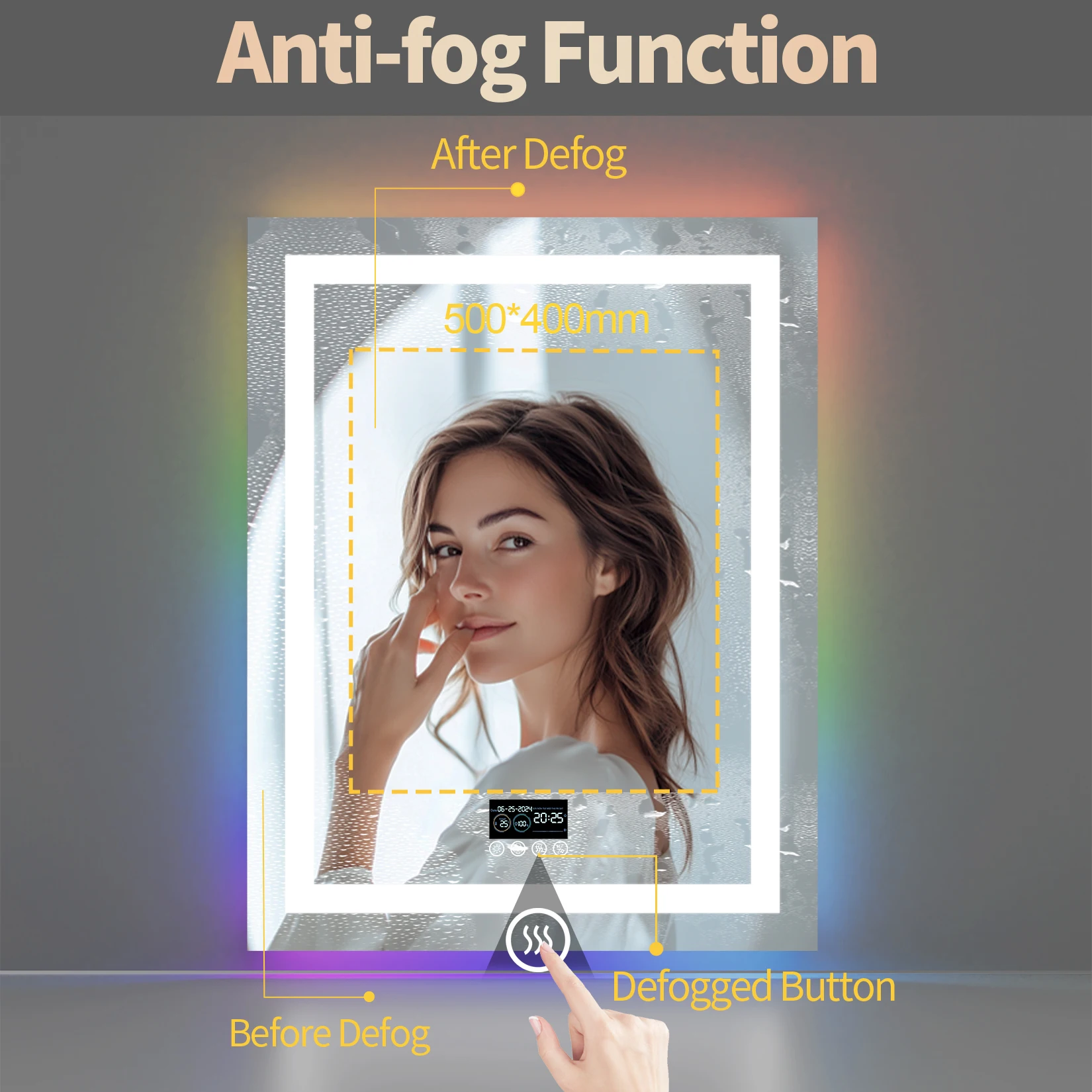 Round/Sqaure RGB LED Bathroom Mirror with Bluetooth Speaker Front-lit and Backlight Wall Dimmable Antifog Vanity Mirror
