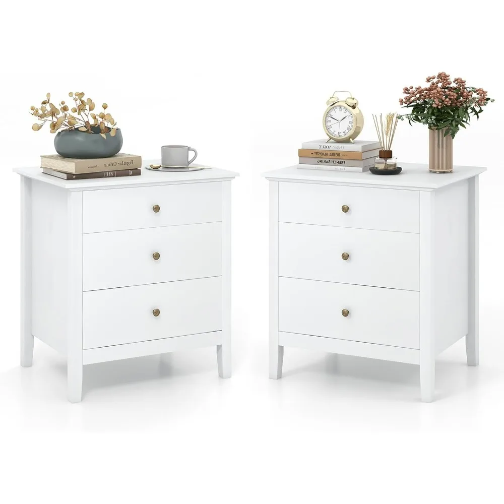 

Nightstand with 3 Drawers Set of 2, Wooden Side End Table with Solid Wood Legs, Retro 3-Drawer Bedside Table Night Stand