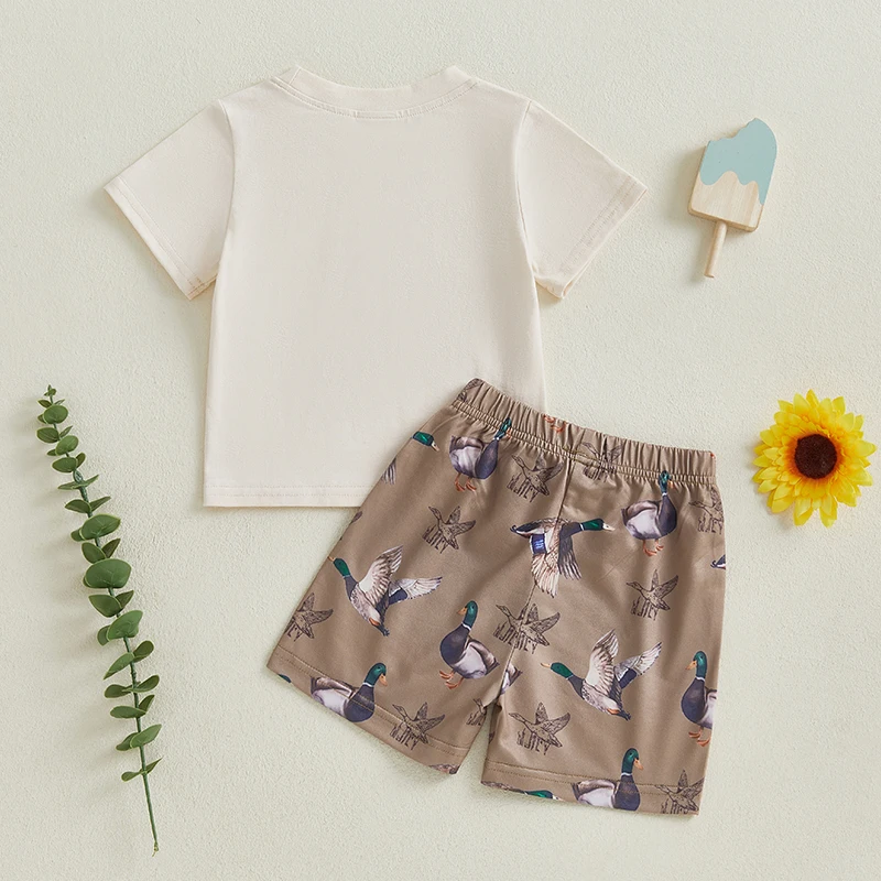 Summer Newborn Baby Boys Shorts 2 Piece Sets Causal Short Sleeve O Neck Tops and Duck Print Drawstring Shorts Clothing Sets