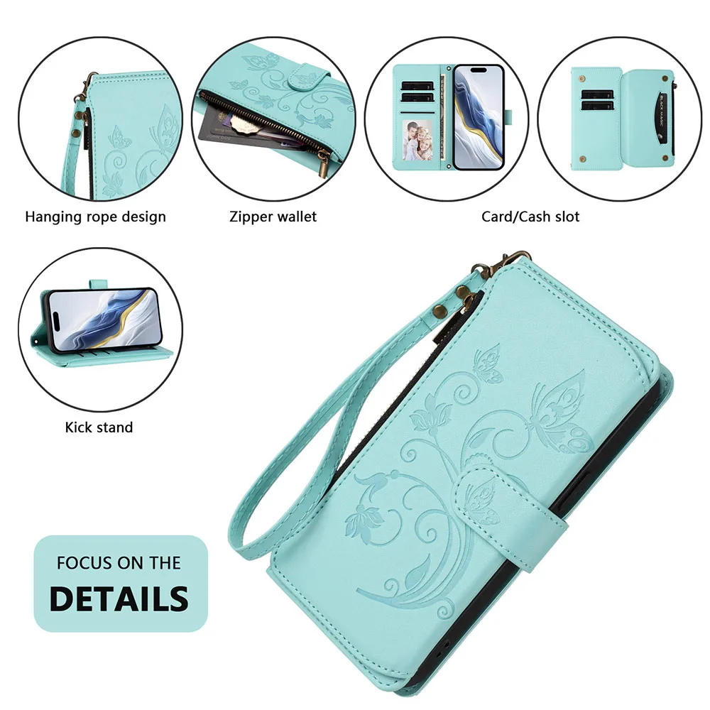 Elegant Zipper Wallet Flip Case with Card Slots and Stand Function