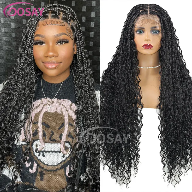 

32Inch Boho Box Braided Wigs Bohemia Lace Front Goddess Locs Wig with Curly Ends Knotless Square Part Braided Wig with Baby Hair