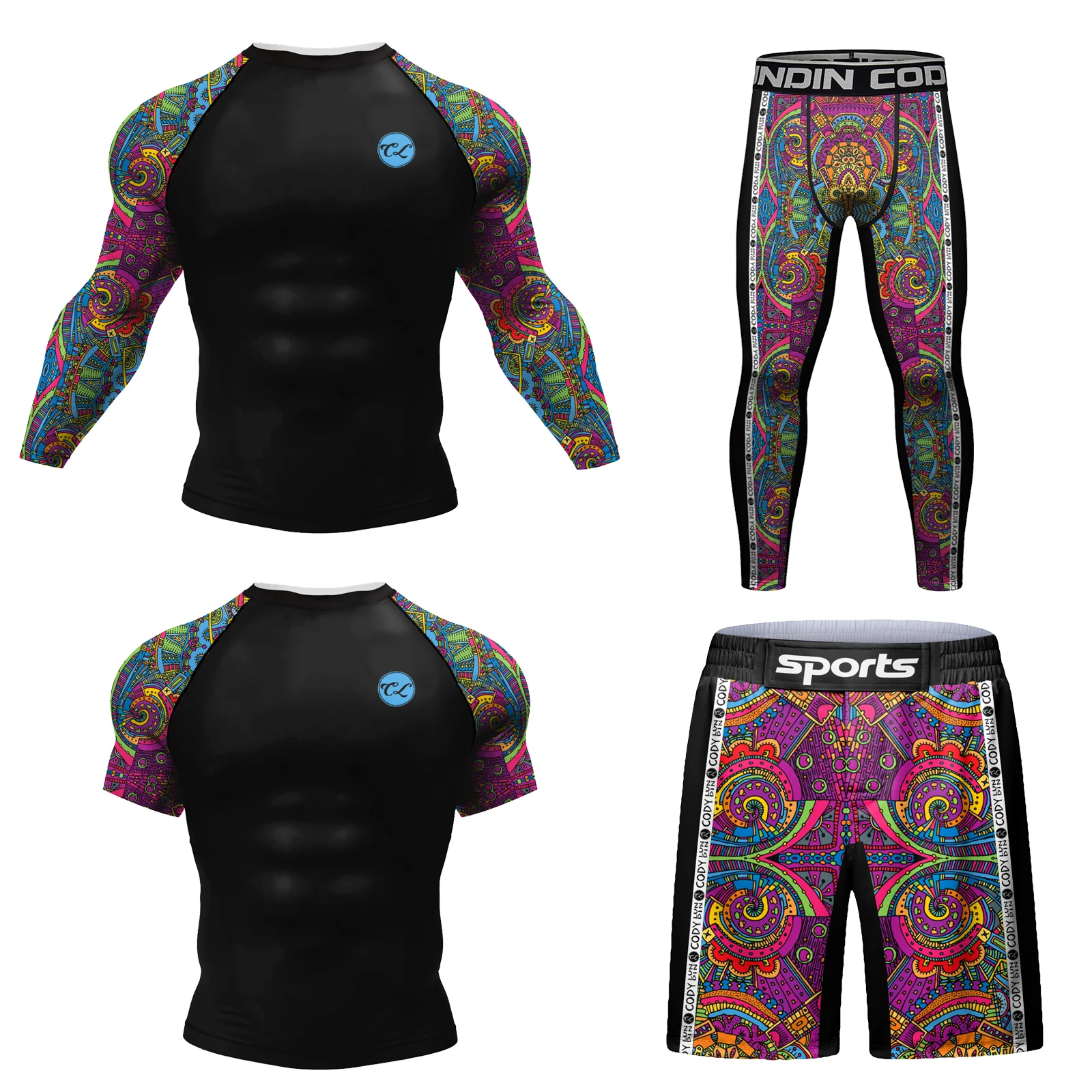 4 Pieces Cody Lundin Sportsuit Skeletal Print  jiu jitsu Grappling Rashguard Set Men Running Gym Tracksuit Compression MMA kits 6