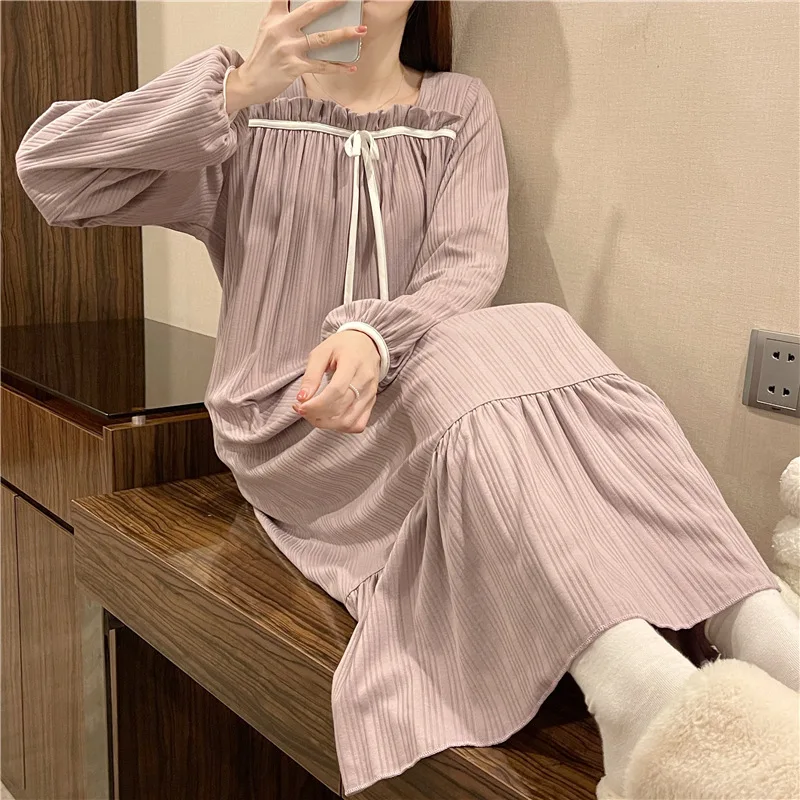 새로운 긴팔 잠옷 여성 봄, 가을 여름 학생 공주 바람 빅 사이즈 드레스 잠옷 잠옷 Homewear
