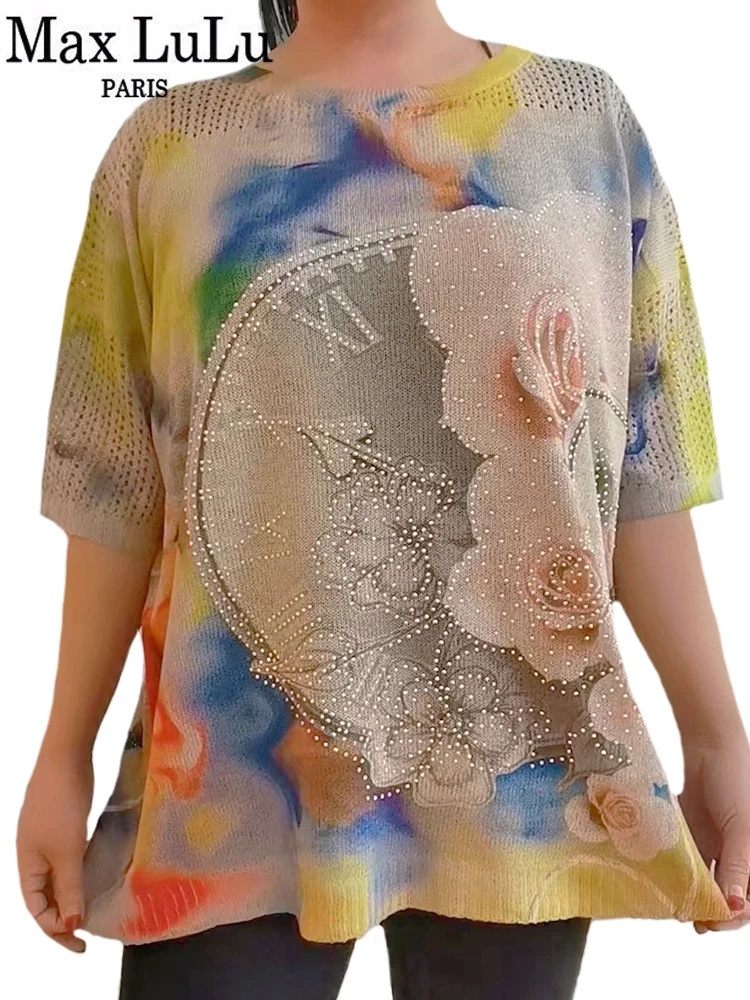 Max Lulu 2023 Fashion Top Tees Donna Estate Lusso Sciolto Stampato Diamante Lavorato A Maglia T-Shirt Donna Casual Elastico Oversize Top