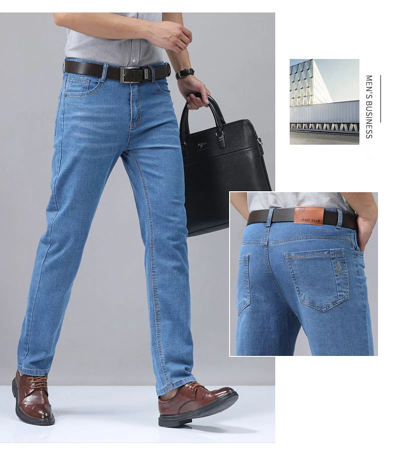 Summer Thin Men’s Elastic Cotton Jeans Fashion Blue Comfortable Business Straight Casual Pants Brand Male Clothes Trousers Best Sellers In Men's Clothing