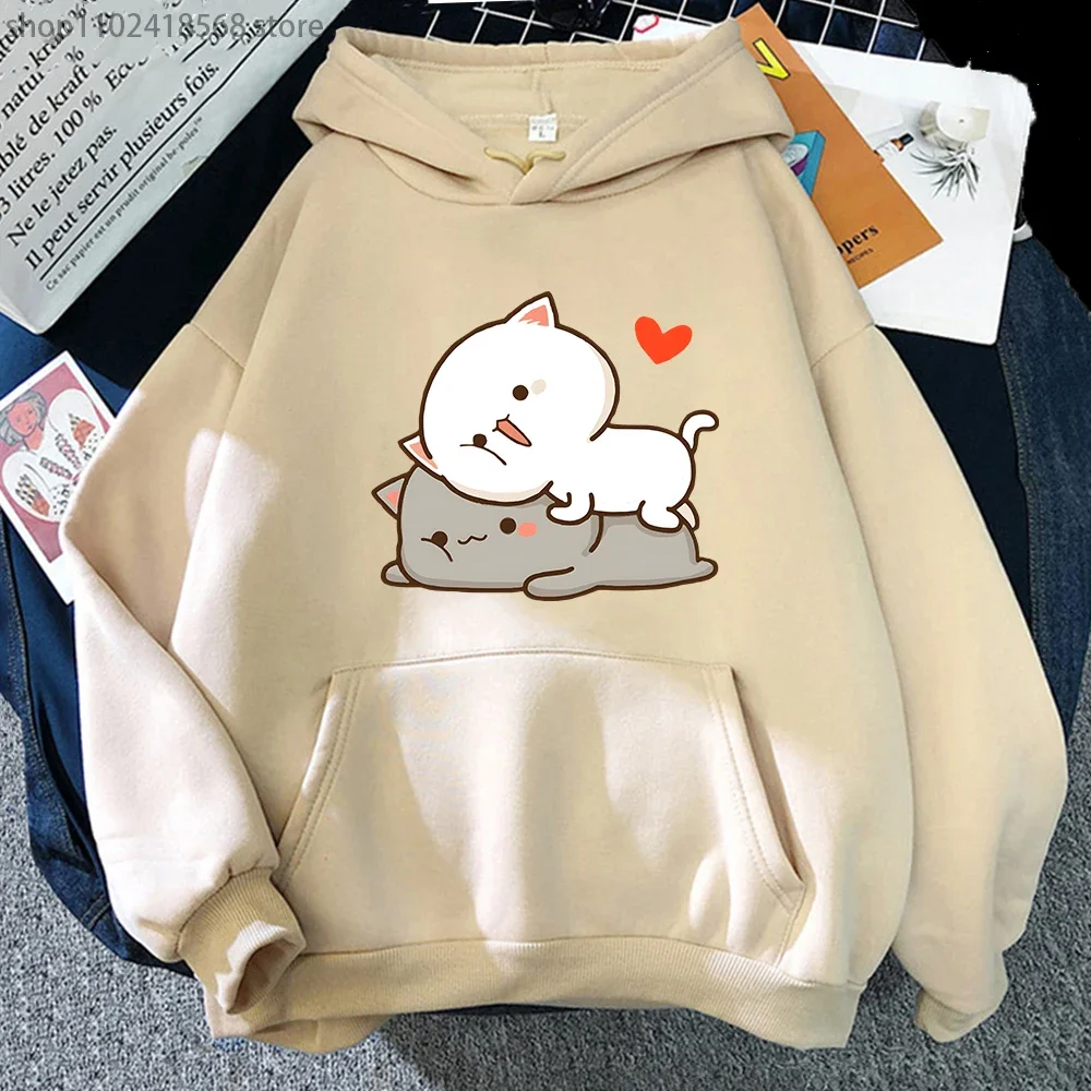 Peach Cat Print Hoodie Kawaii Cartoon Goma Mochi Sweatshirt Women's Clothing Femme Korean Style Streetwear Men Harajuku Hoody