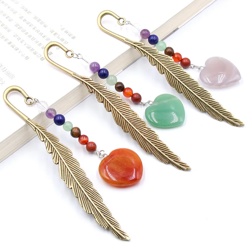 Chakela Colored Crystal Agate Love Hanging Feather Bookmark Souvenir Reiki Semi-precious Stone Stationery DIY Learning Supplies index cards colored with ring binder blank words flashcards supplies pre hole punched for office memory