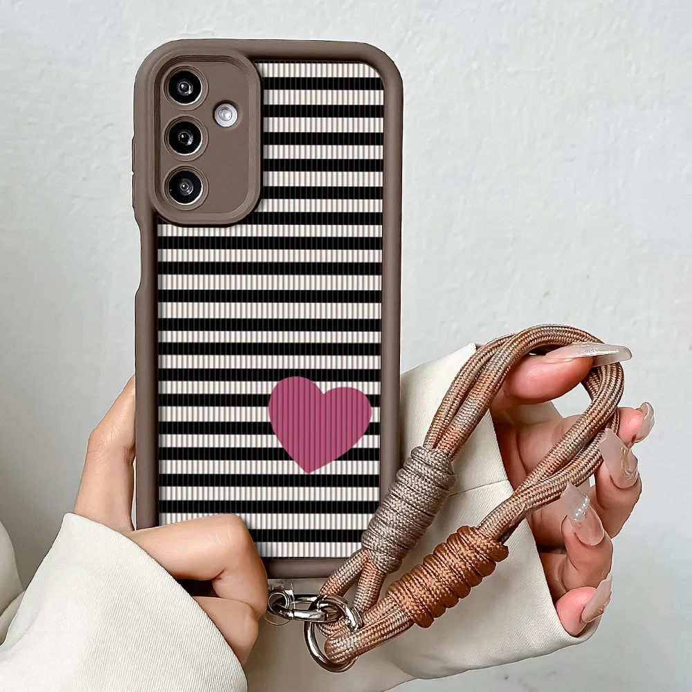 Stylish Stripe Pattern Wrist Chain Lanyard Case with Love Heart Design and Hanging Strap