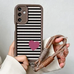 Stylish Stripe Pattern Wrist Chain Lanyard Case with Love Heart Design and Hanging Strap - A56 5G (J21 - Coffee - SS)