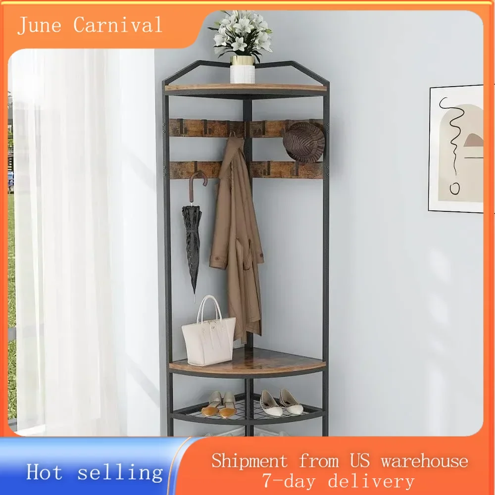 

Corner Hall Tree with Shoe Bench Coat Rack with 10 Metal Hooks, Freestanding Clothes Rack Shoes Shelf Organizer, Rustic Brown