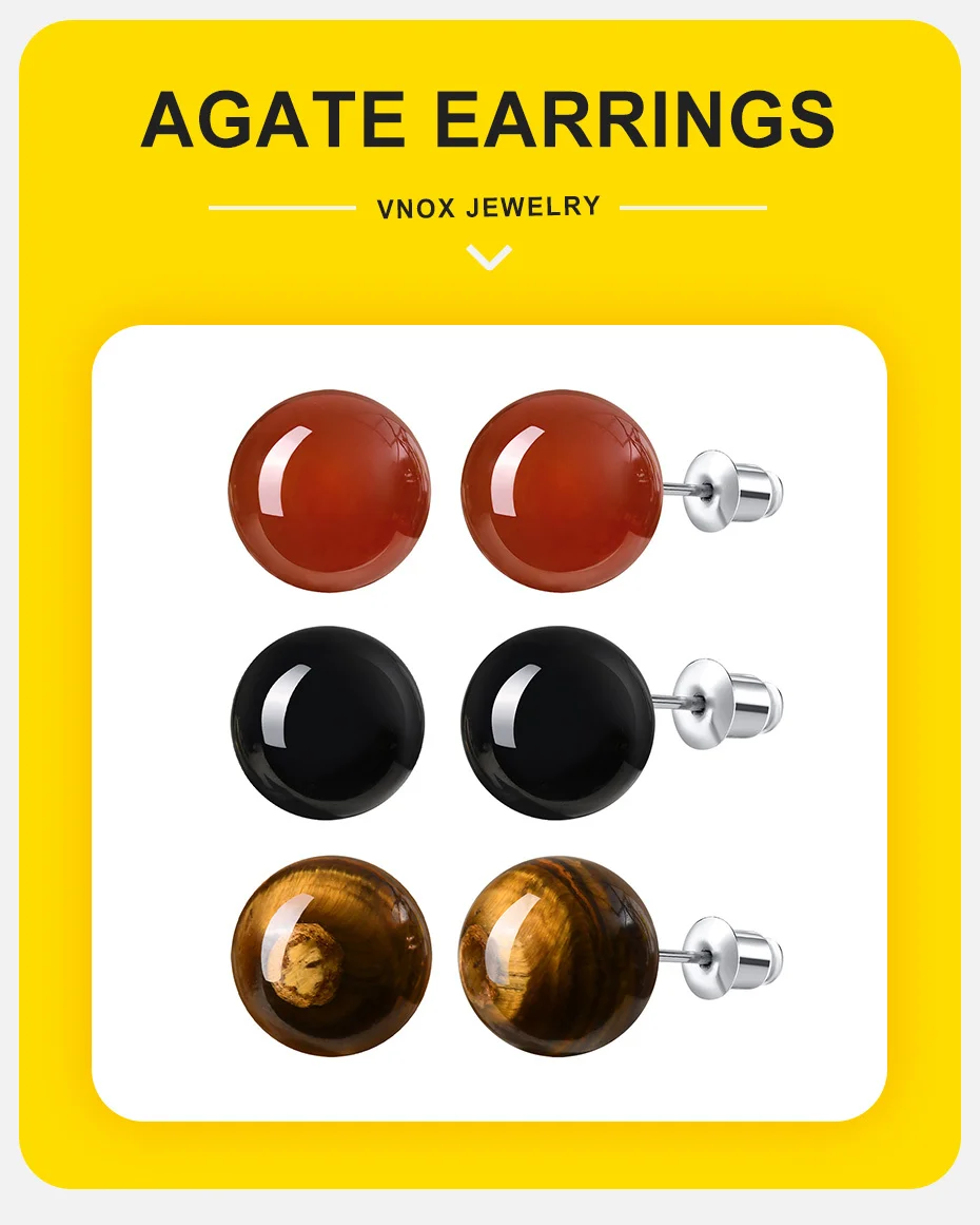 Vnox Mode-Ohrringe für Damen, rot/schwarzer Stein, natürlicher Achat, Push-Back-Ohrstecker, kompakter klassischer Schmuck, Party, Hochzeit – Detail 2