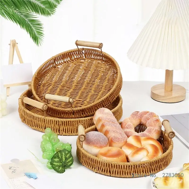 Handmade Wicker Storage Baskets Imitation Rattan Woven Baskets Compact Bread Fruit Home Organization Tray 2