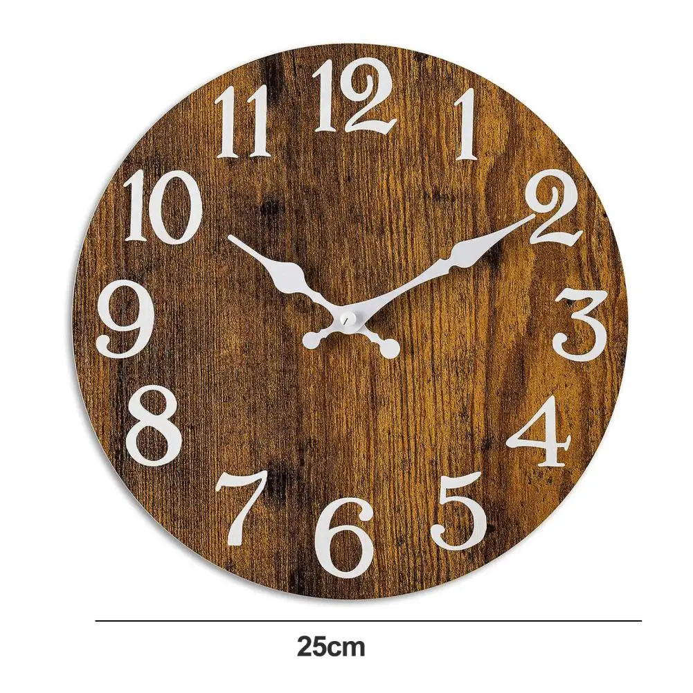 10-inch Round Analog Wooden Wall Clock Rustic Vintage Silent Non Ticking Alarm for Room