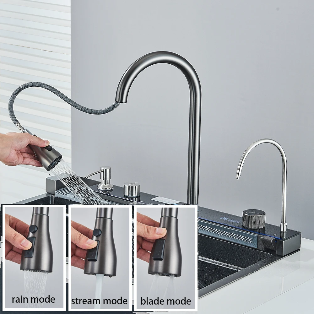 304 Stainless Steel Kitchen Waterfall Sink Digital Display Large Single Sink Dish Basin Sink With Multifunction Touch Waterfall 5