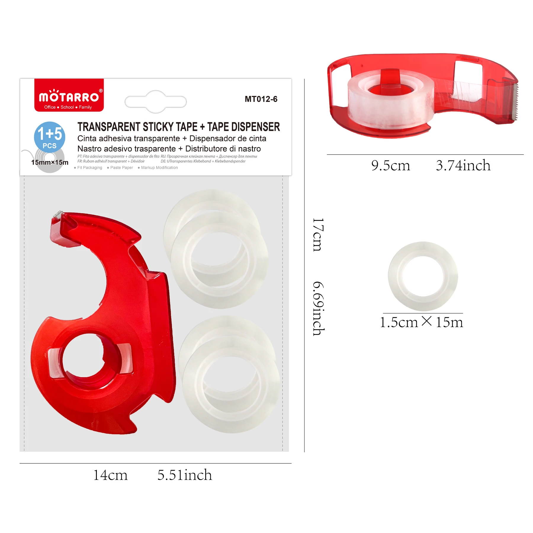 MOTARRO Blue Red Portable Tape Cutter 15MM*15M with 5 Rolls of Transparent Tape Storage Cutting Seat Dispenser Holder