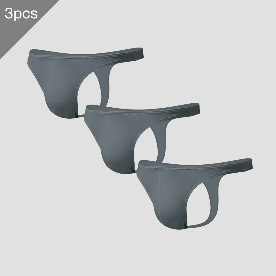 3PCS Men's low-waisted solid color U-shaped elastic tight ice-silk smooth butt exposed thong breathable T pants for good luck