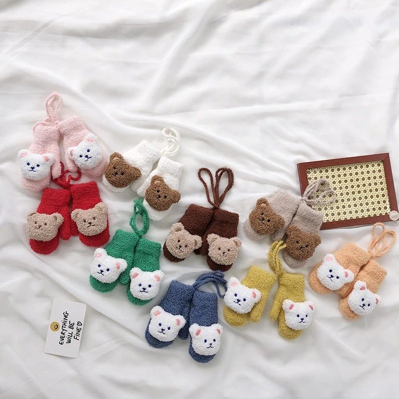 Cartoon Bear Baby Mittens Hanging Neck Warm Mittens Autumn Winter Outdoor Plush Toddler Gloves Plush Warm Baby Girl Boys Gloves