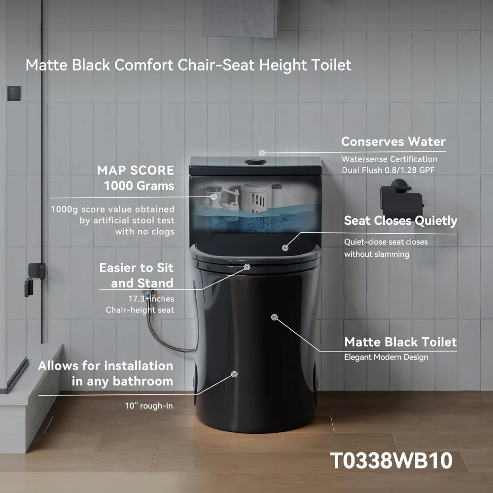 Elongated One Piece Toilet 10" Rough-in, Matte Black Toilets, Powerful Dual Flush Modern Toilet 3