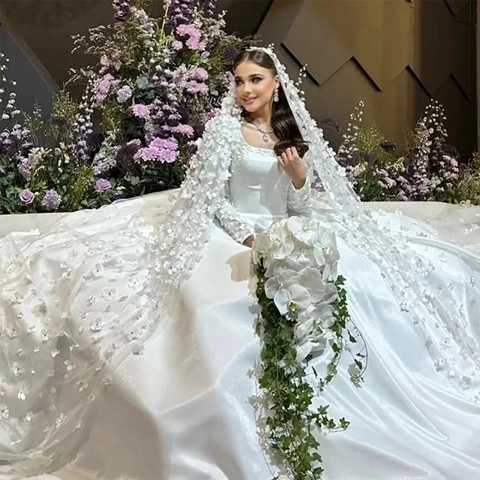 Maßgeschneiderte Blumenapplikationen Ballkleid Satin Hochzeitskleid 2026 Prinzessin Quadratischer Ausschnitt Lange Ärmel Brautkleider Vestidos De Novia – Detail 8