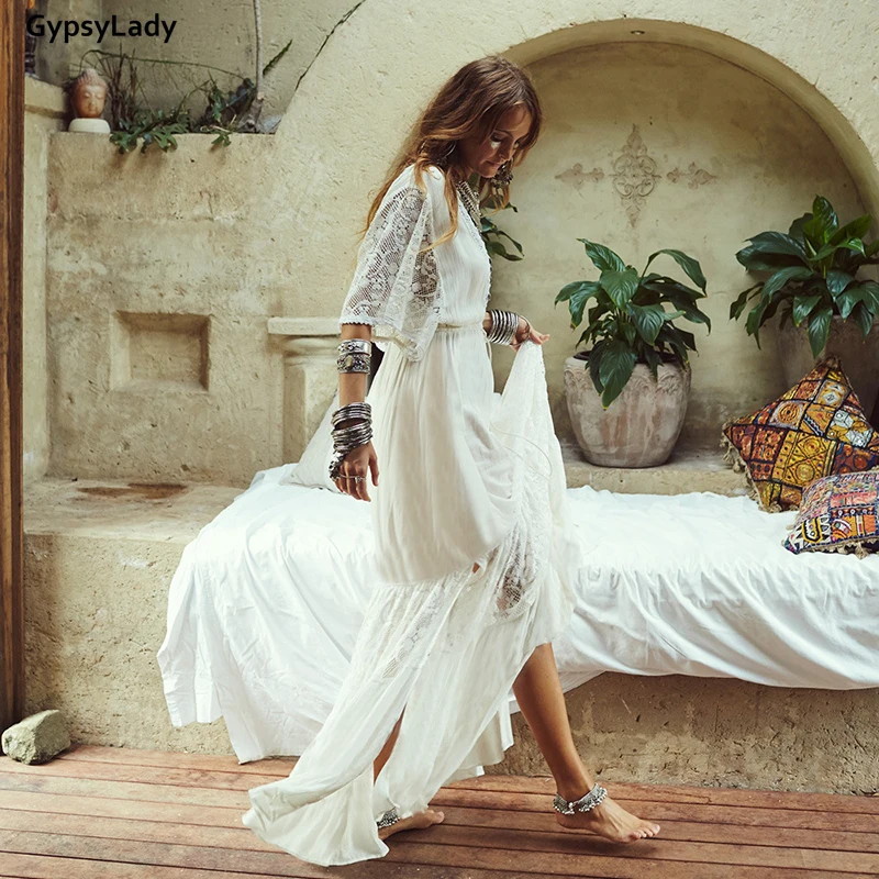 Gypsylady White Boho Hippie Maxi Dress Vintage Casual Long Dress Women  Summer Holiday Lace Beach Sexy Ladies Dress Female - Dresses - AliExpress