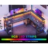 L-Shaped Gaming Desk with Power Outlet, LED Lights, Storage Shelves & Monitor Stand. Gaming Table with Carbon Fiber Texture 6
