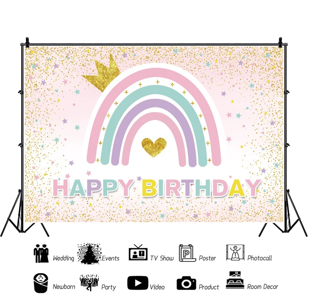 Gold Glitters Rainbow Sky Photocall Bohemia Baby Birthday Party Photography Backdrop Decoration Backgrounds Photo Studio Custom