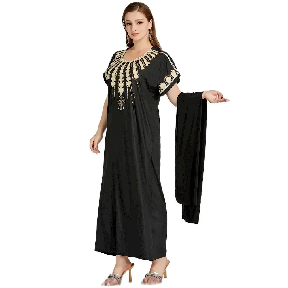 2023 Latest Muslim African Women Dress Kaftan Ice Silk Fabric Embroidery Process Short Sleeve Long Loose Dress Islamic Clothing