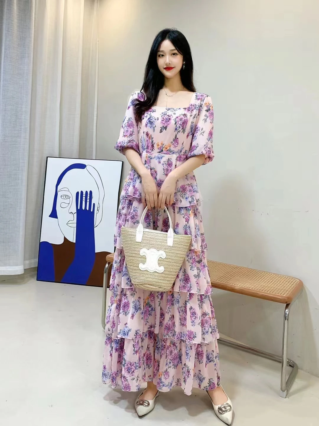 花柄シフォンミドル丈ワンピース,スクエアカラー,パフスリーブ