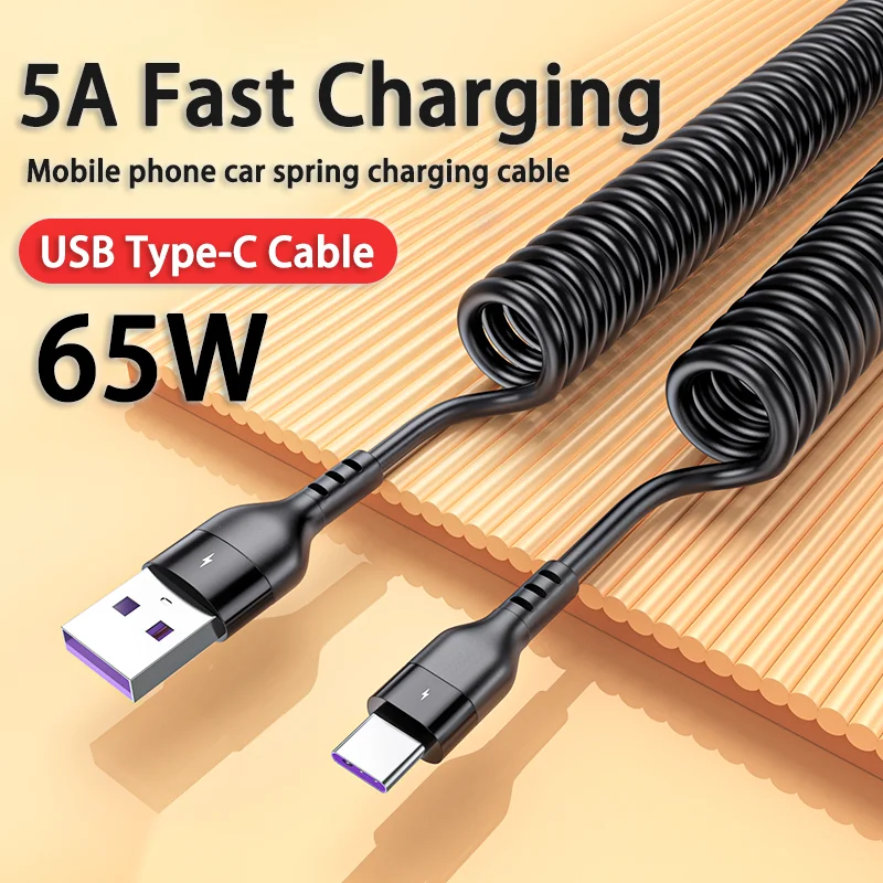 65W 5A Fast Charging Type C Cable 3A Micro USB Spring Pull Telescopic