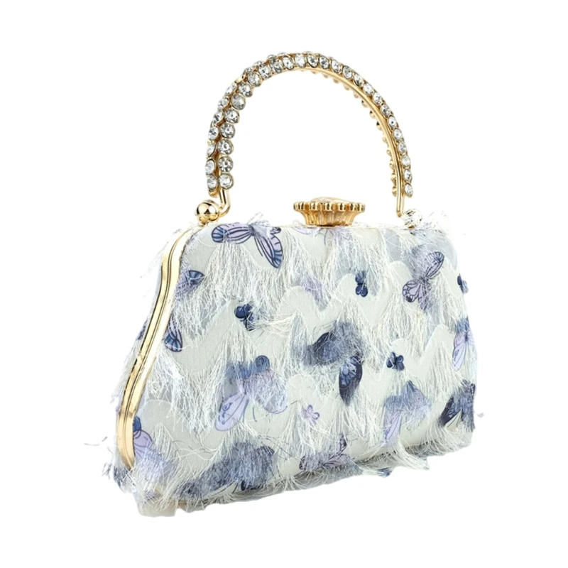 Glittering Rhinestones Evening Handbag Purse Butterfly Tassels Crossbody Bag
