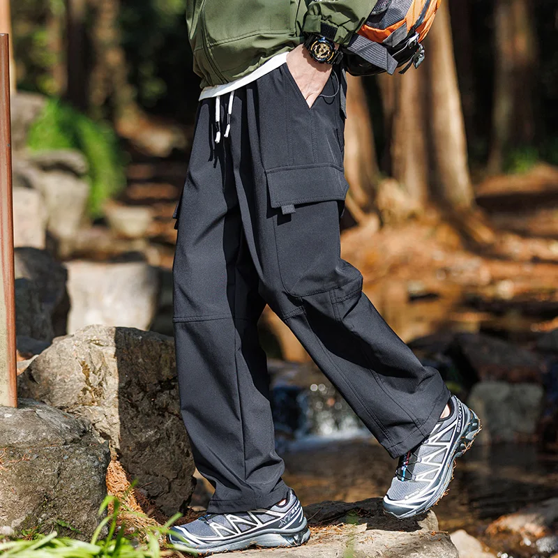 Men's Elastic High Waisted Pockets Solid Casual Bandage Swear Straight Leg Trousers Spring Autumn Black Cargo Vintage Pants