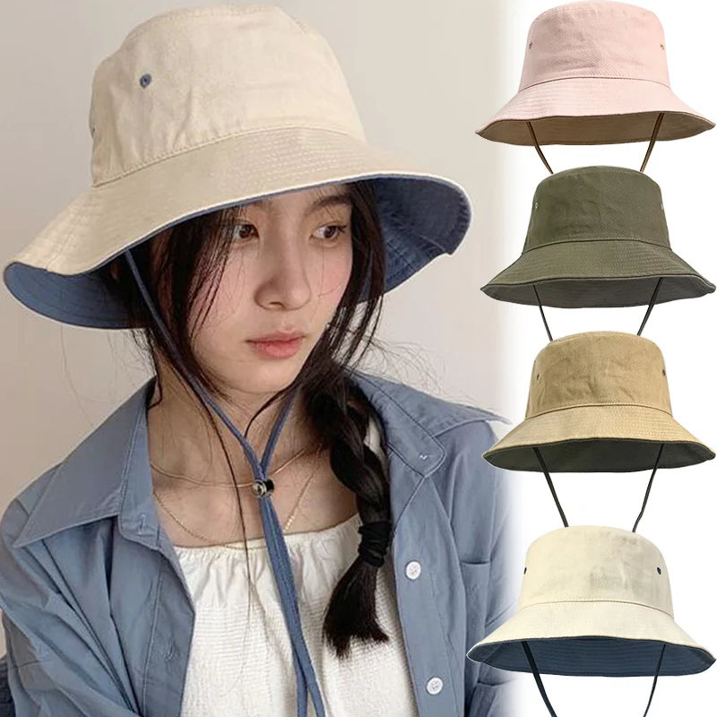 

Summer Drawstring Fisherman Hat Women Lady Girls Outdoors Travel Sunshade Sunscreen Sun Cap Solid Color Bucket Hat Fashion Caps