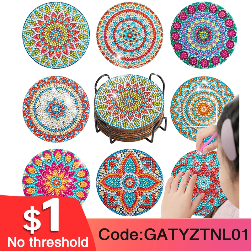 GATYZTORY 6pcs Diamond Painting Coasters Kits with Holder Diamond