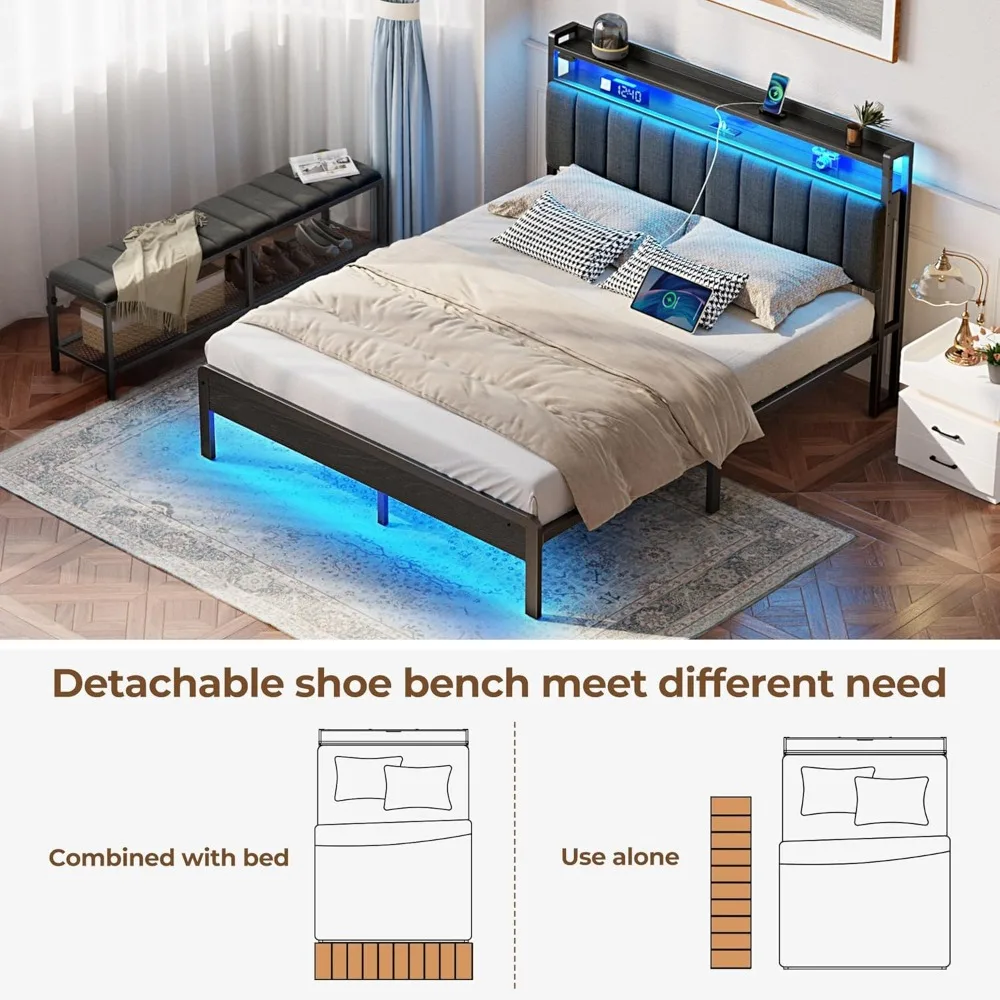 Full Bed Frame, with Charging Station & LED Lights, Upholstered Headboard with Storage Shelves, No Box Spring Needed, Bed Frame 4