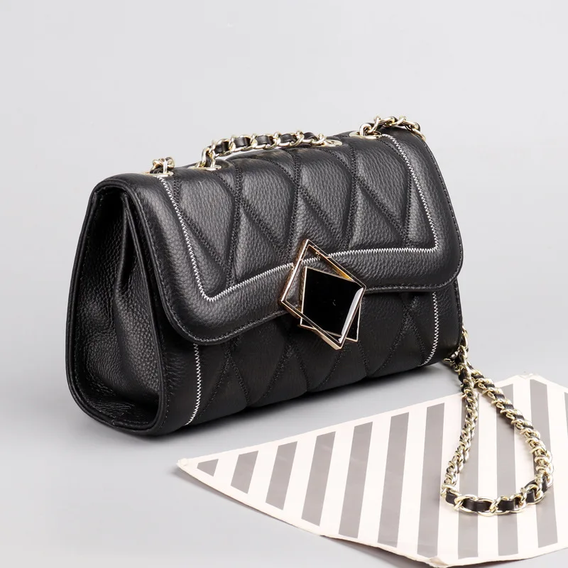 One Bag Crossbody Women's Shoulder Handbag New Fashionable Y2k Fresh Leather Straddle Head Layer Cowhide Chain Small Square Hand