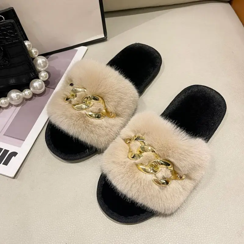 Fluffy Slippers Home Women Casual Chain Designer Shoes Ladies Autumn Winter Indoor Plush Slides Girls Fashion Elegant Footwear 6