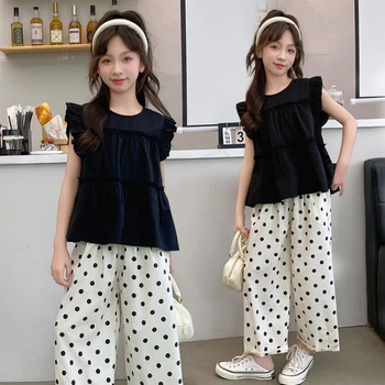 2 pezzi set di abbigliamento per bambini per ragazze estate adolescenti bambini abito senza maniche 5-12 anni gilet per ragazze + pantaloni larghi a pois tuta