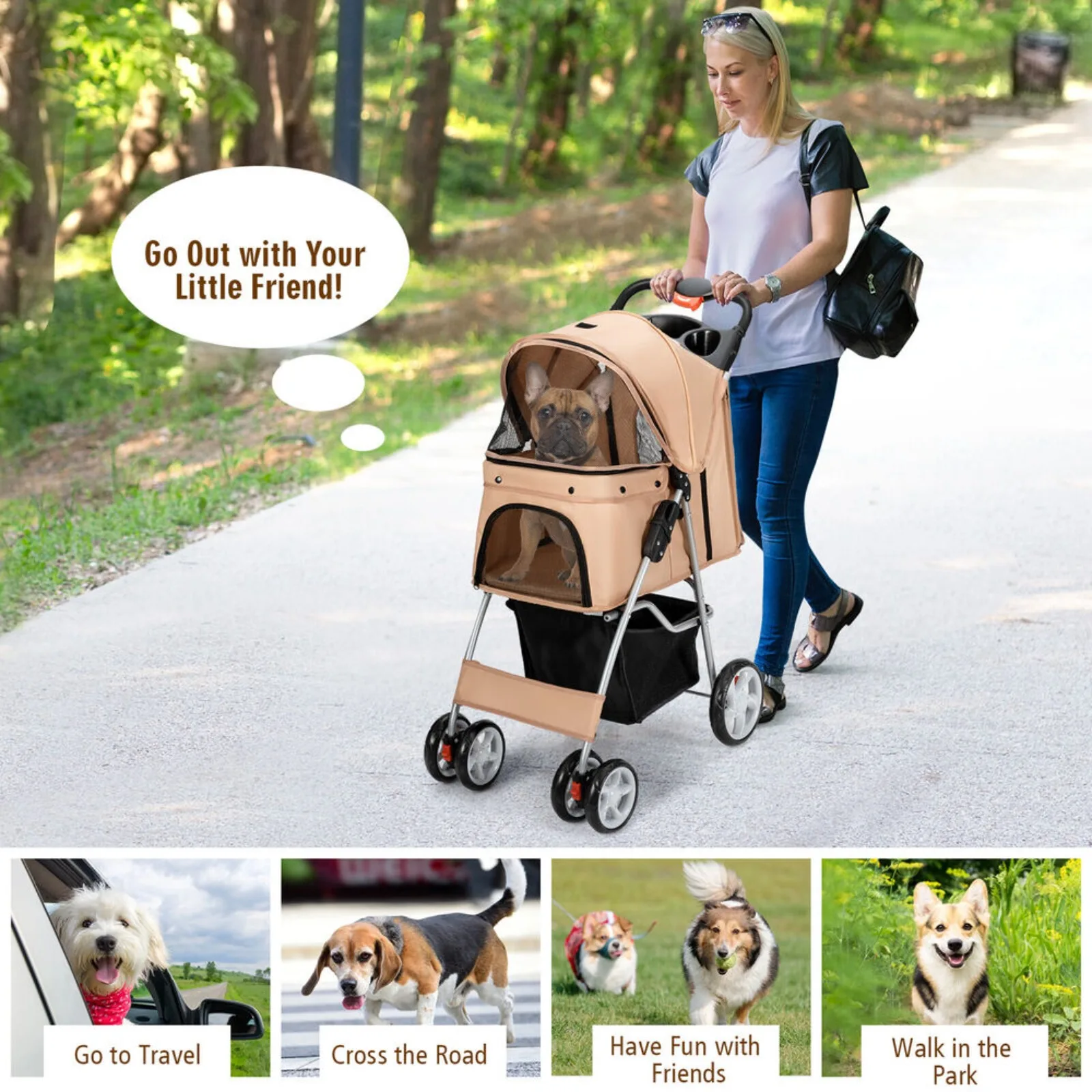 US Folding Pet Stroller 4-Wheel Pet Travel Carrier w/Storage Basket Beige