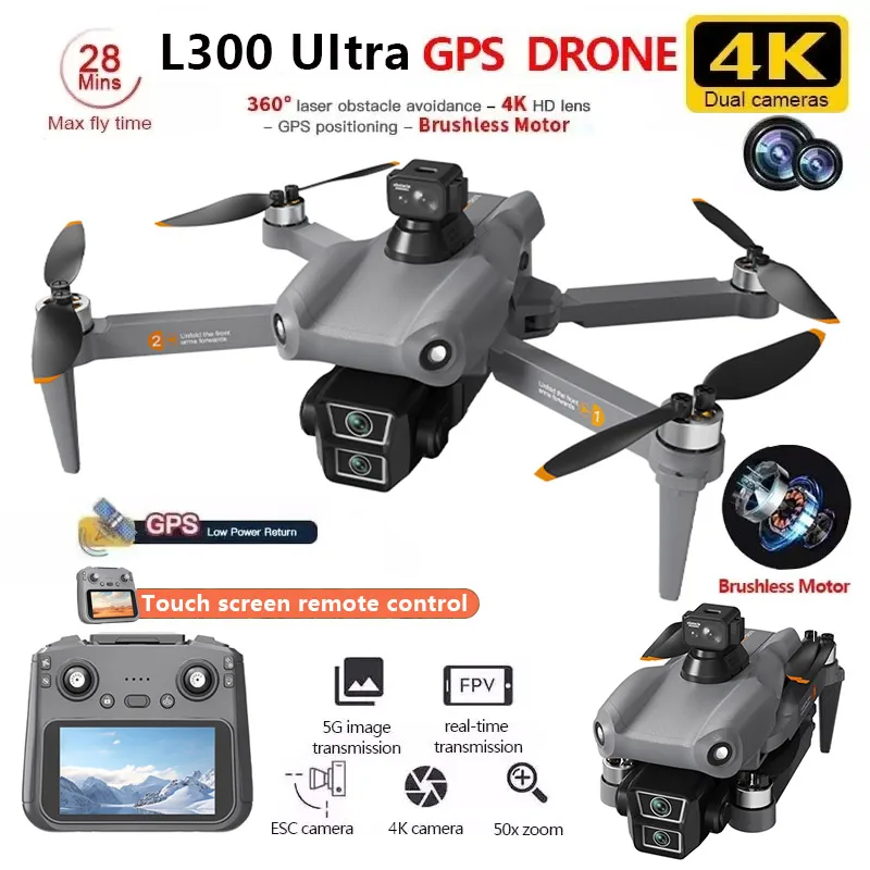 L300 Ultra Drone 4K Professional HD Dual Camera Touch Screen GPS 5G WIFI 360&deg; Obstacle Avoidance Brushless Foldable Quadcopter remote control drone