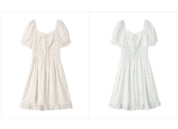 Ruffled Hem Chiffon Mini Skirt Women Floral Print Short Dress New Square Neck Waist-drawing Romantic Dress