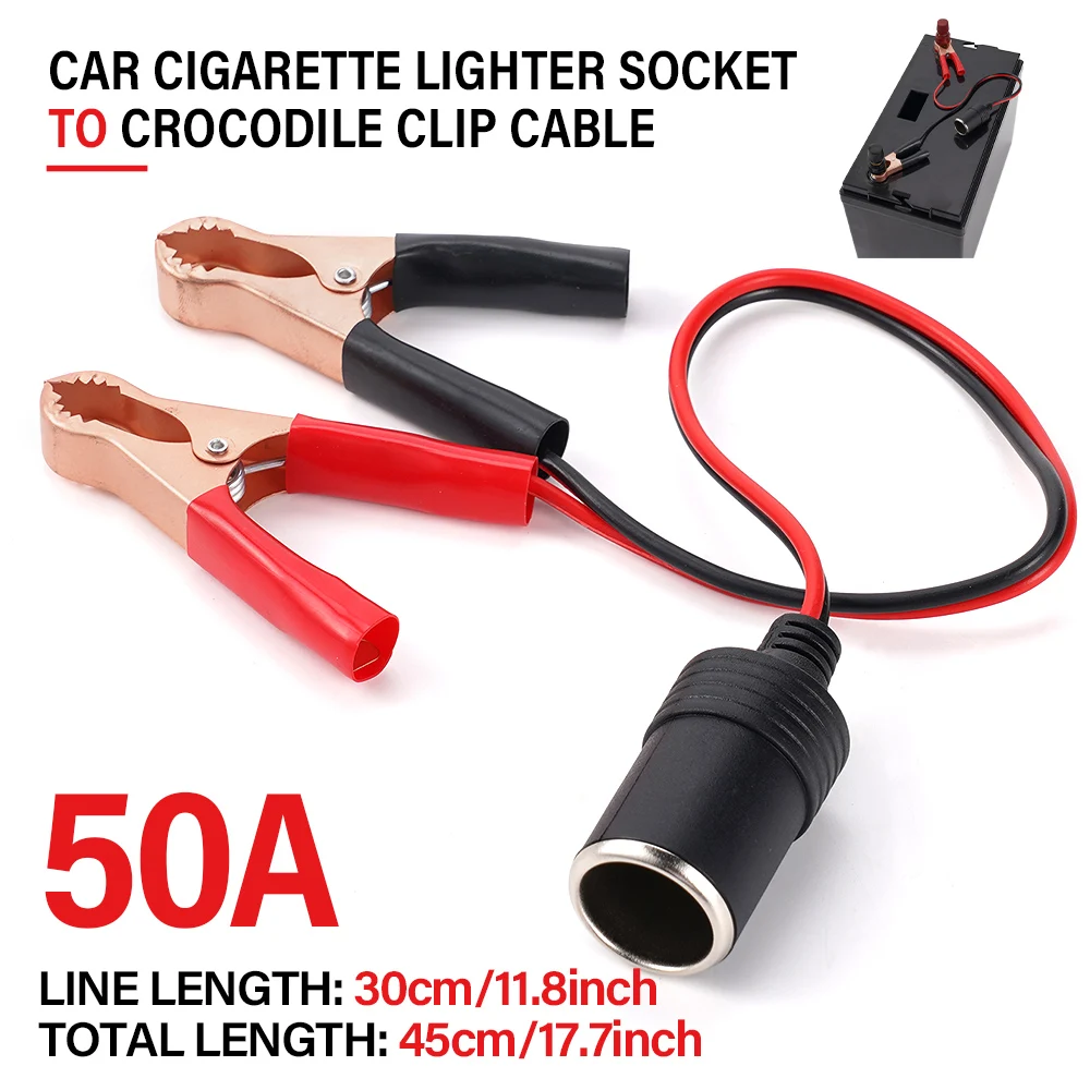 Description Picture 3 of item12V Car Cigarette Lighter Terminal Clip-on 50A Crocodile Clip Female Socket Adaptor Plug 30CM Power Cable for Auto Battery