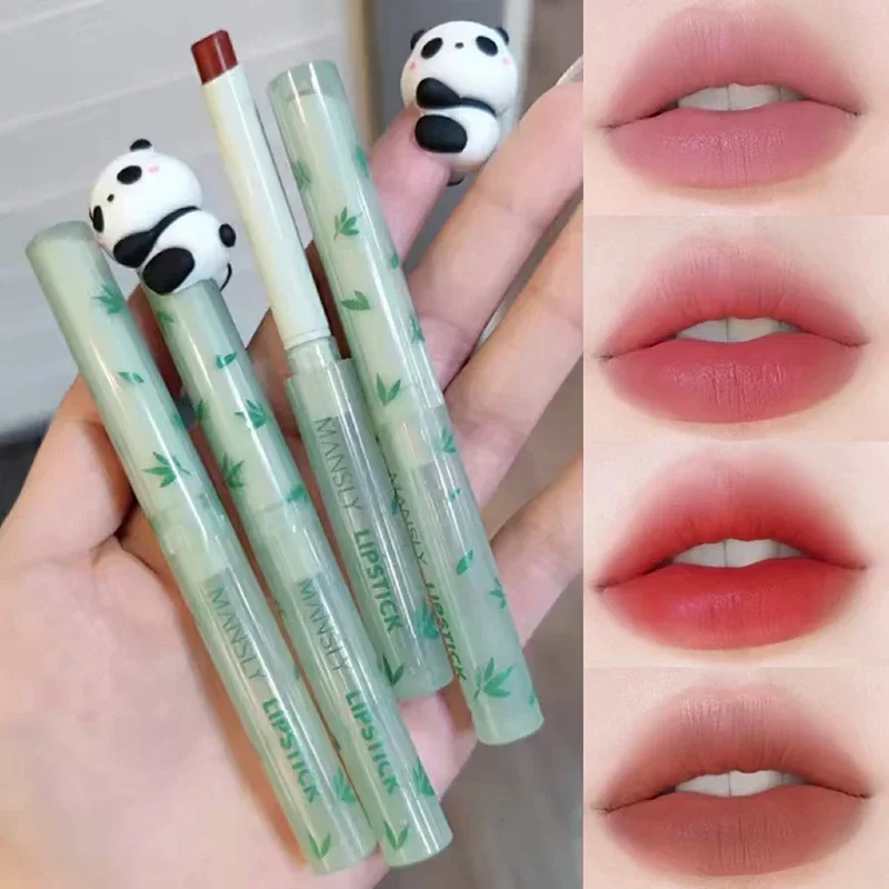 귀여운 팬더 벨벳 립스틱, 방수 오래 지속되는 논스틱 컵, 티 레드 다크 브라운 솔리드 립 글로스, 한국 메이크업 화장품, 4 가지 색상