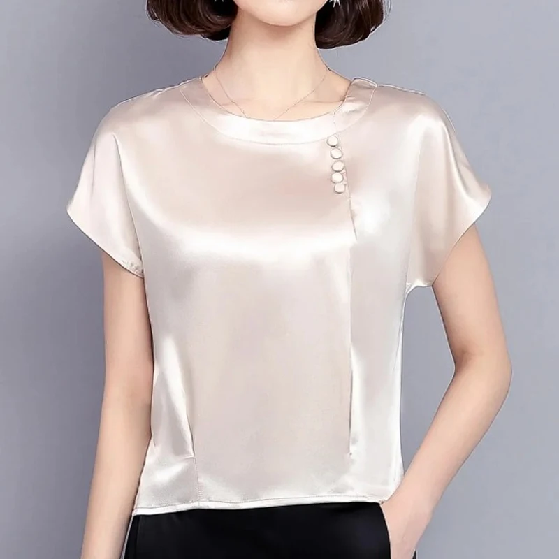 Women's Silk Short Sleeved Blouses Casual O-Neck Shirts Solid Loose Tops Spring and Summer Clothing New Fashion 0425