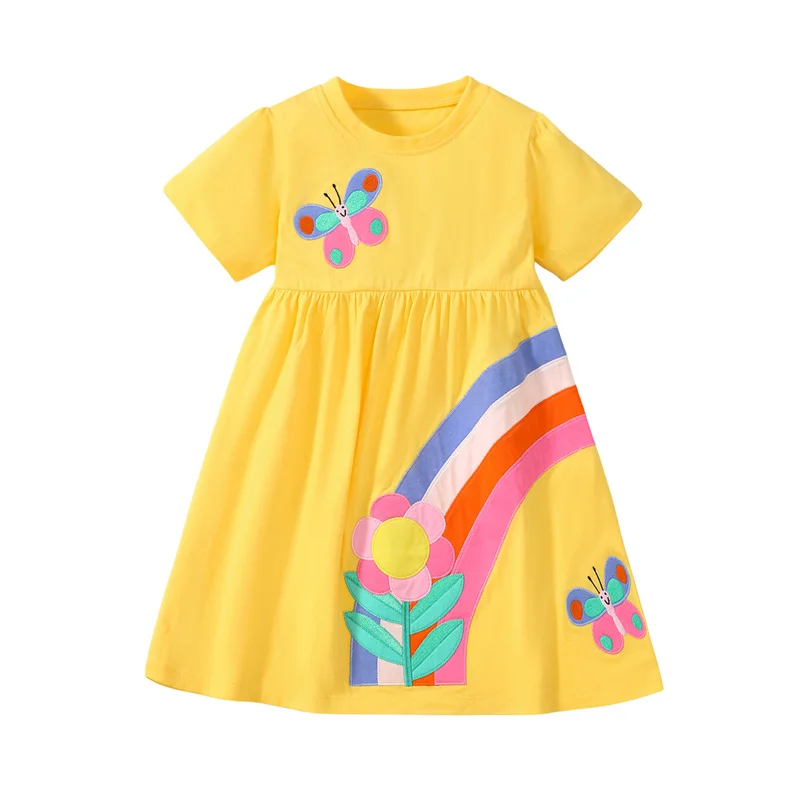 Jumping Meters  2-8 Years New Arrival Girls Dresses Flower  Applique Hot Selling Summer Kids Clothing Short Sleeve Baby Frocks