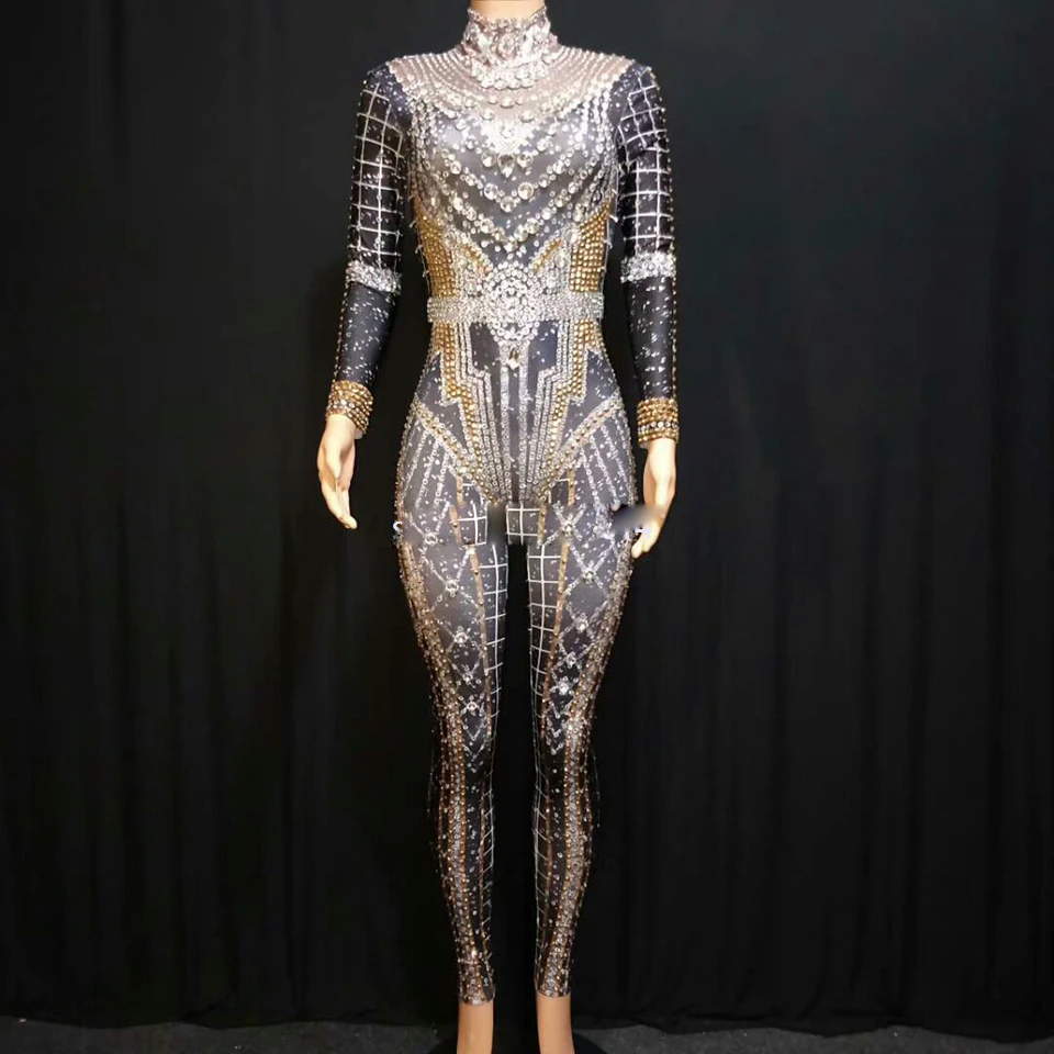 

Rhinestones Jumpsuit Women Long Sleeve Spandex Nightclub Prom Party Outfit Luxury Singer Party Show Costume